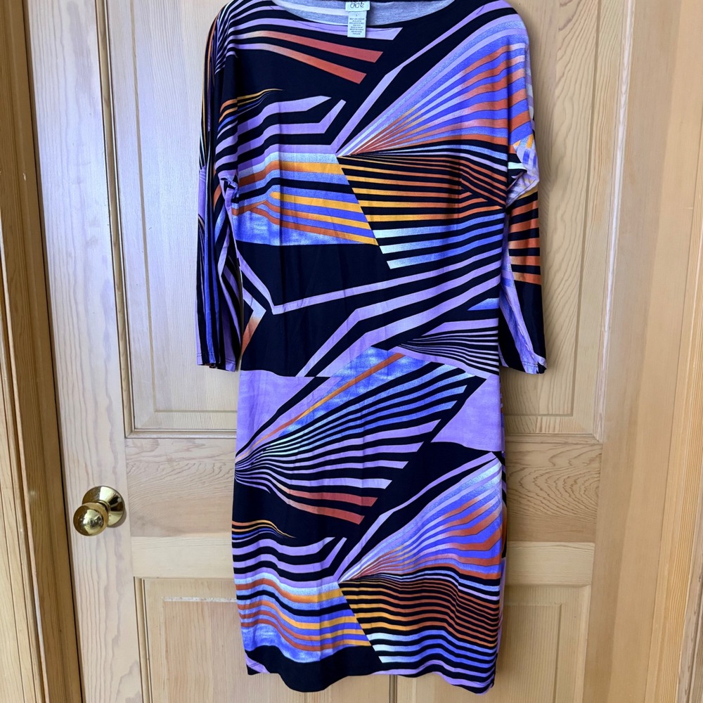 Cache Sheath Dress Large Purple Orange Black Geometric Sunburst 3/4 Sleeve Midi